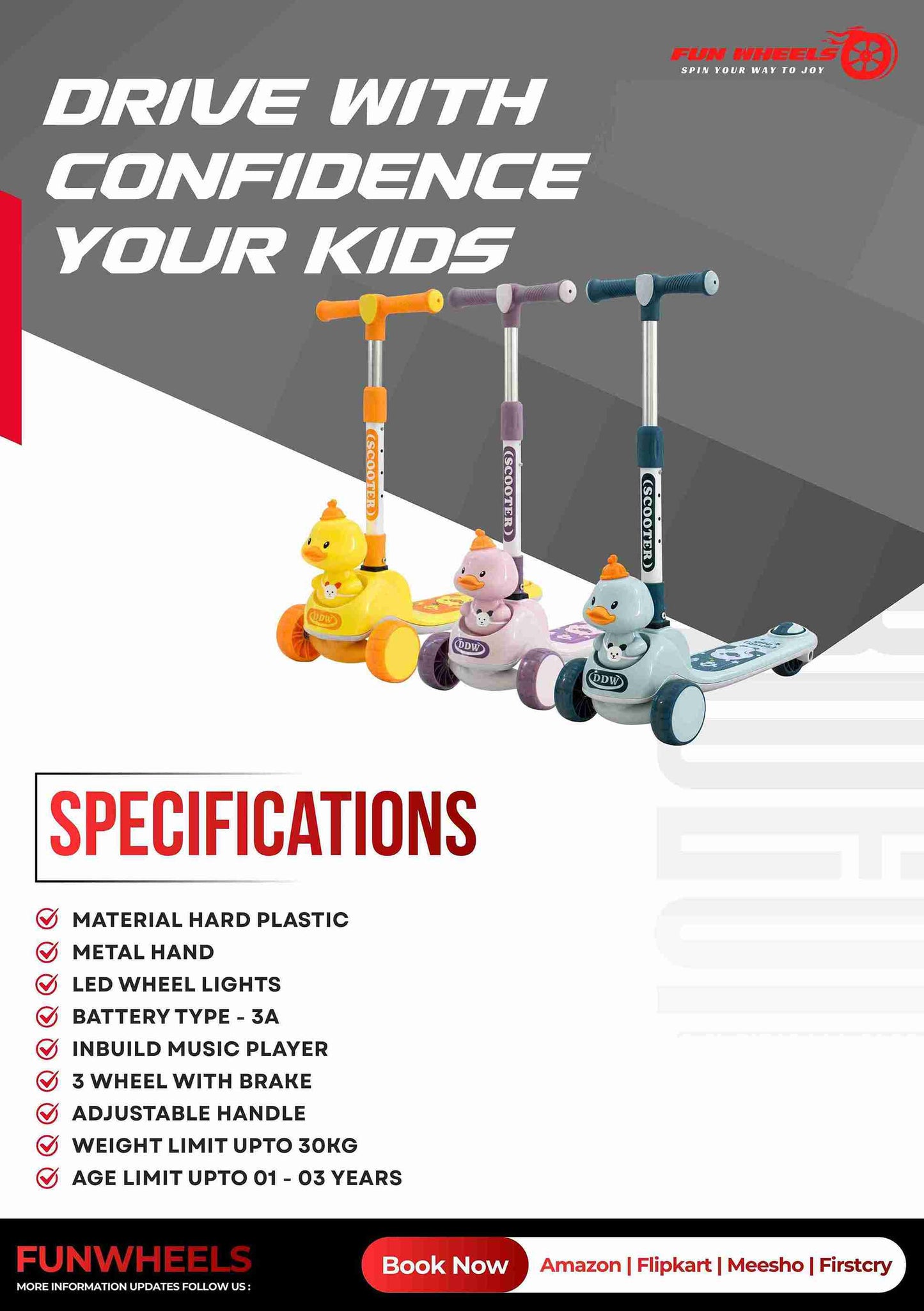 Fun Wheels FWKS-03 Cute Duck Design Kids Scooter with LED Flash Wheels