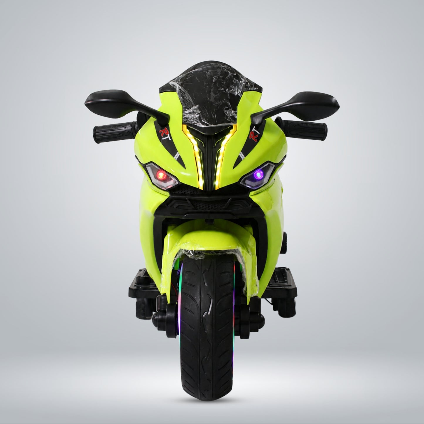 FunWheels FWB-02 Kids Electric Ride-On Sports Bike with RGB Wheel Lights & LED Headlights | Rechargeable Battery Operated Bike with Training Wheels | for Boys & Girls (Neon Green)