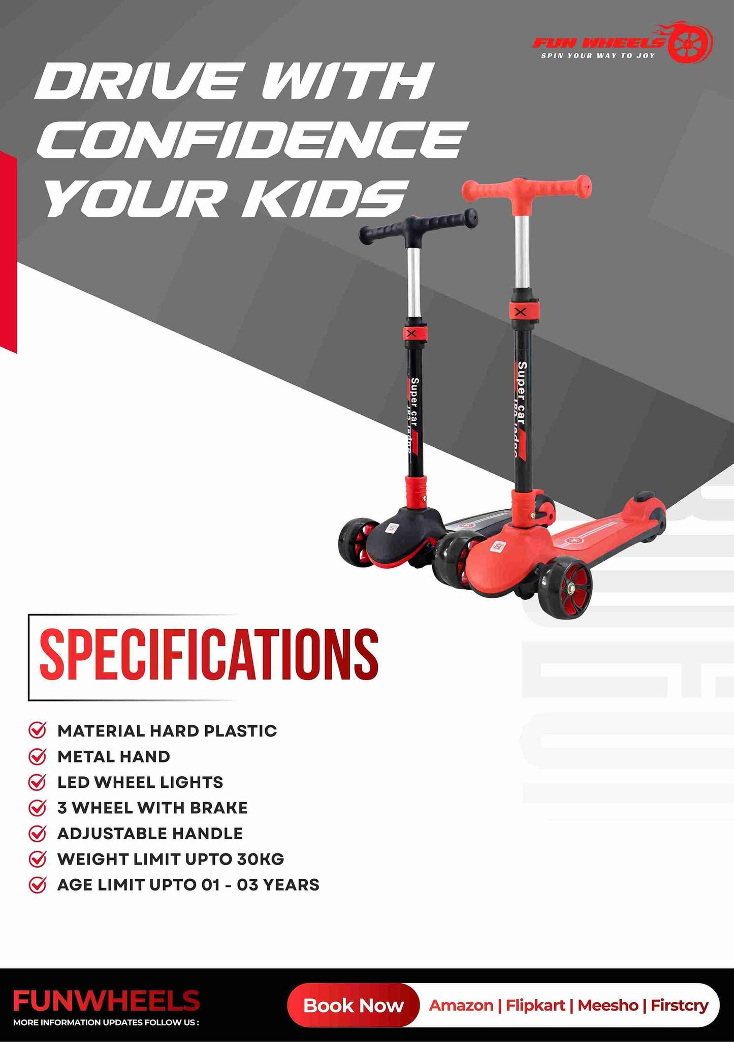 Fun Wheels FWKS-01 RocketPeppy Kids Beginner Scooter | Safe & Stable Ride | Adjustable Handlebar