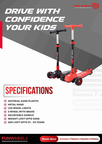 Fun Wheels FWKS-01 RocketPeppy Kids Beginner Scooter | Safe & Stable Ride | Adjustable Handlebar