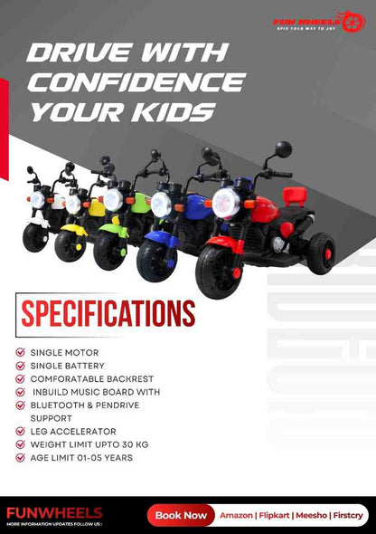 Fun Wheels FWB-01 ThunderMini Rider Kids Electric Bike with LED Headlight | Music & Sound Bike
