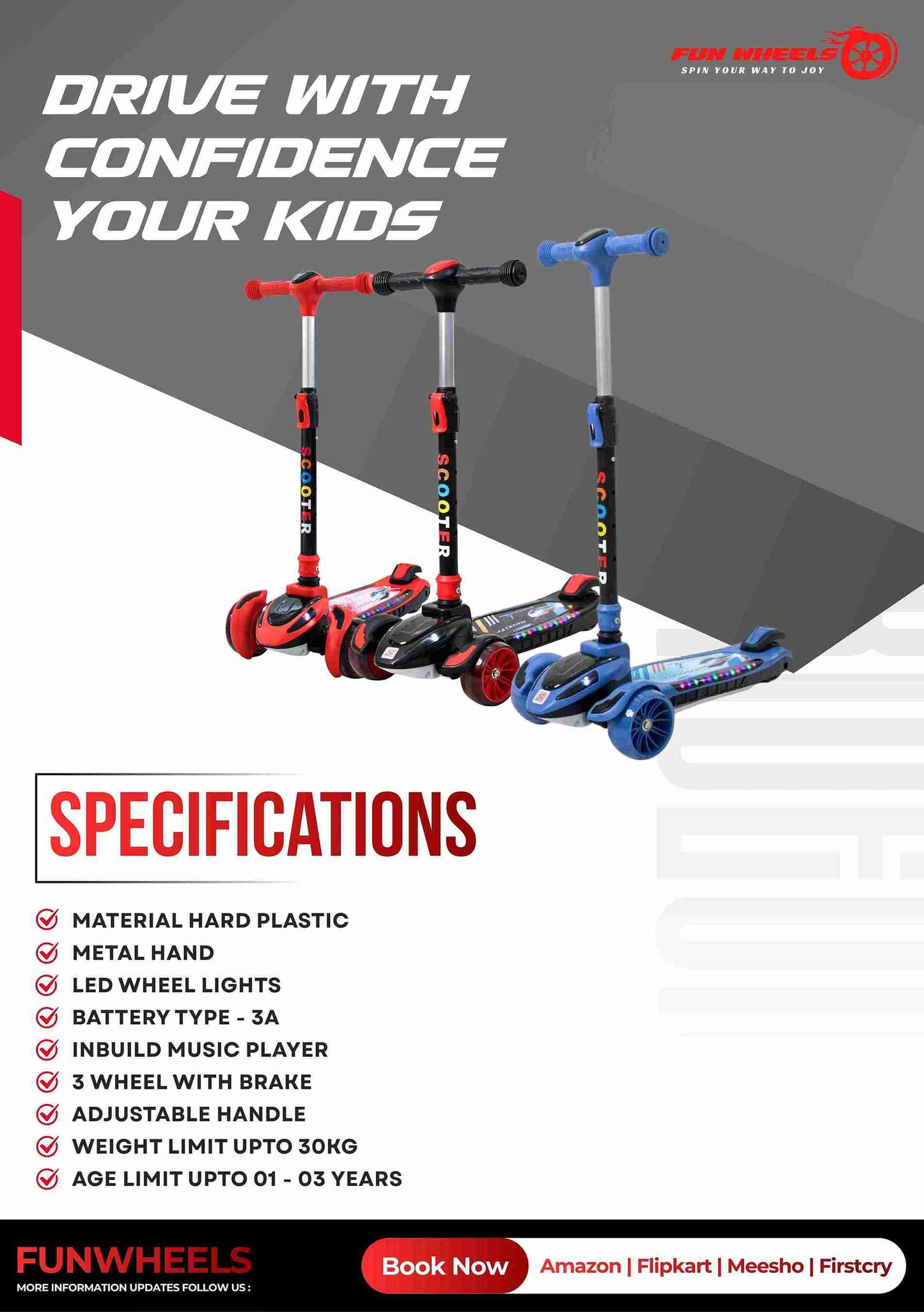 Fun Wheels FWKS-02 Bullet Kids 3 Wheel Scooter with Adjustable Handle