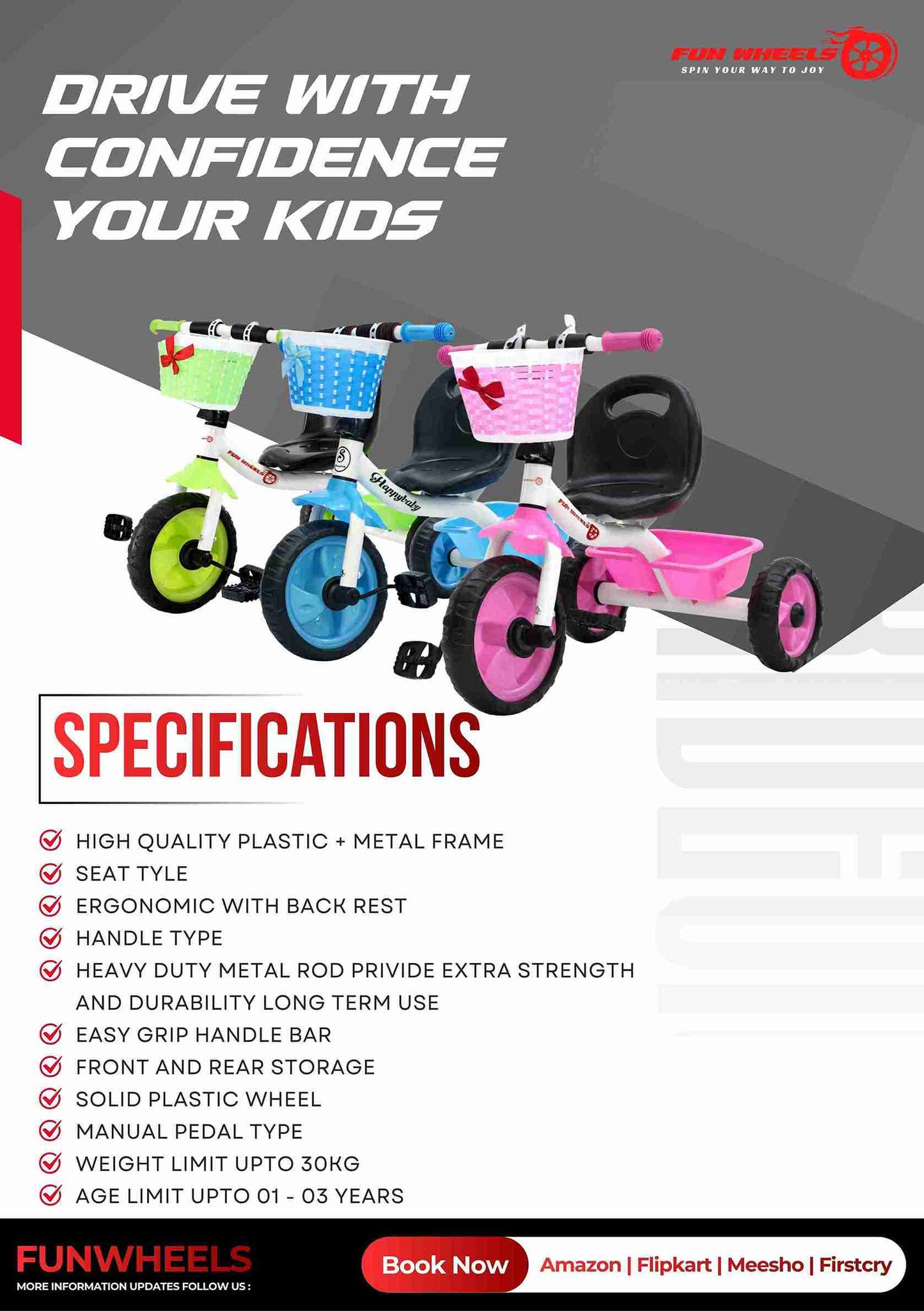 Funwheels CandyRide Kids Tricycle with Basket |Baby Pedal Trike with Backrest Seat FWTC-01 Tricycle