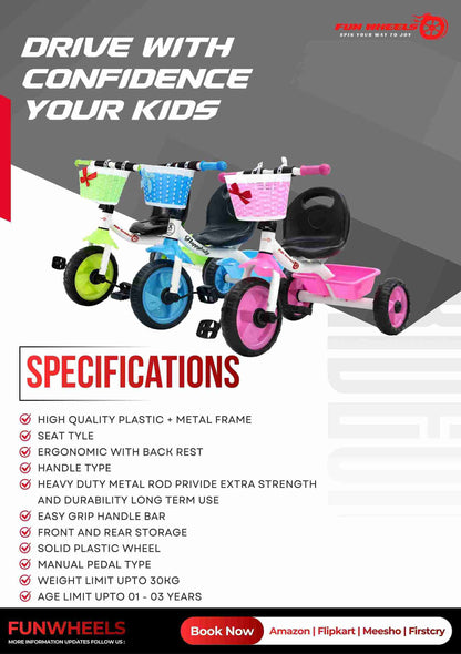 Funwheels CandyRide Kids Tricycle with Basket |Baby Pedal Trike with Backrest Seat FWTC-01 Tricycle