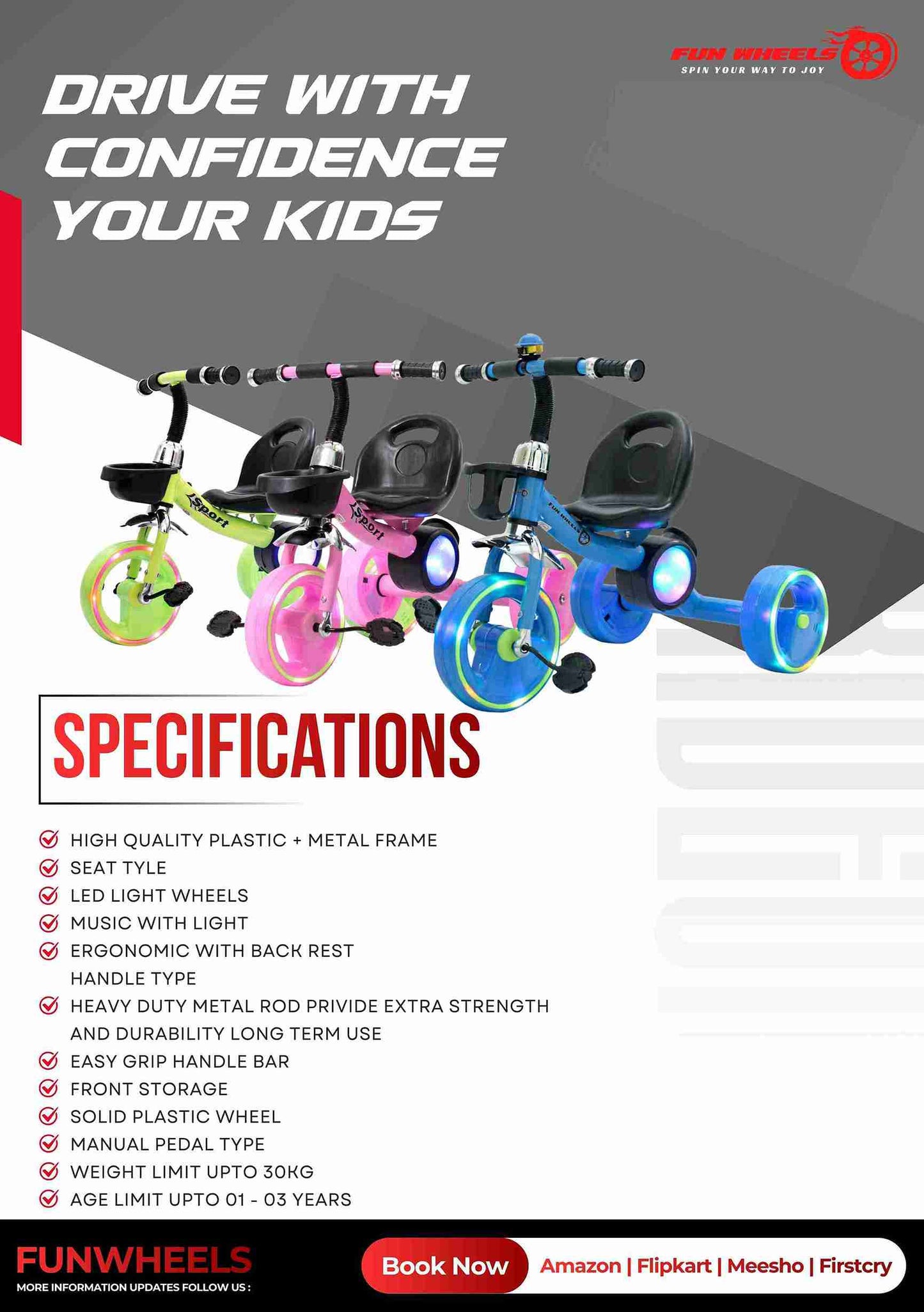 Funwheels GlowRide LED Wheel Tricycle with Light & Music | Baby Pedal Trike with Backrest FWTC-02 Tricycle