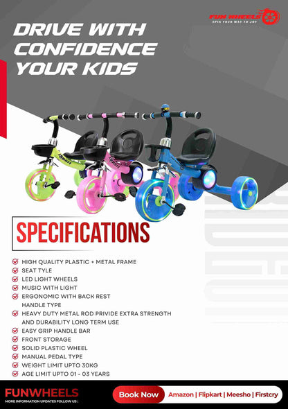 Funwheels GlowRide LED Wheel Tricycle with Light & Music | Baby Pedal Trike with Backrest FWTC-02 Tricycle