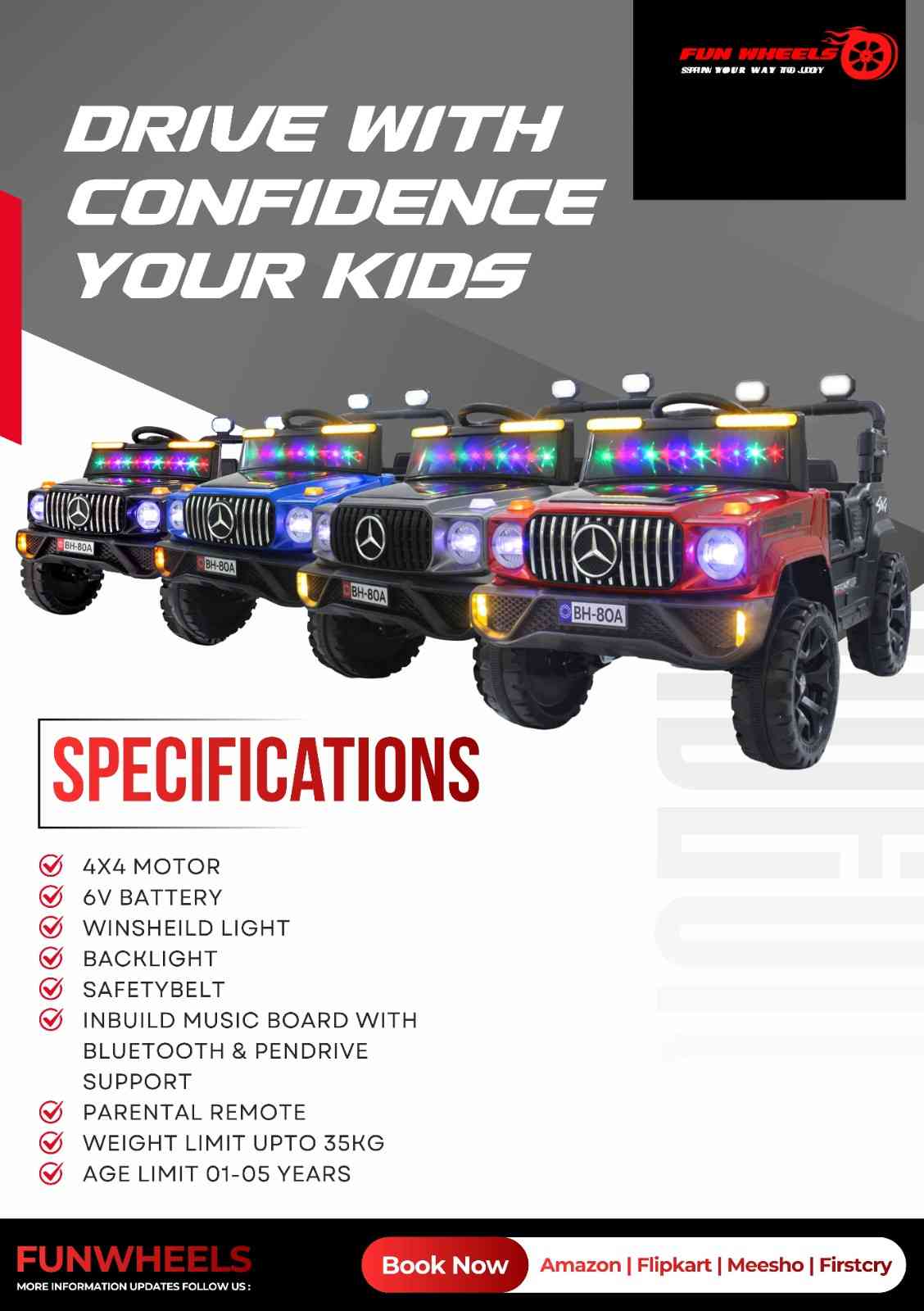 Fun Wheels FWJ-11 Offroad King BH-Kids Electric 4x4 Jeep with RGB Lights & Big Wheels