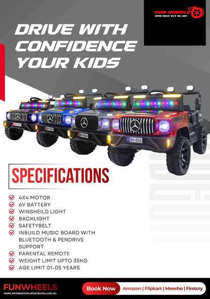 Fun Wheels FWJ-11 Offroad King BH-Kids Electric 4x4 Jeep with RGB Lights & Big Wheels