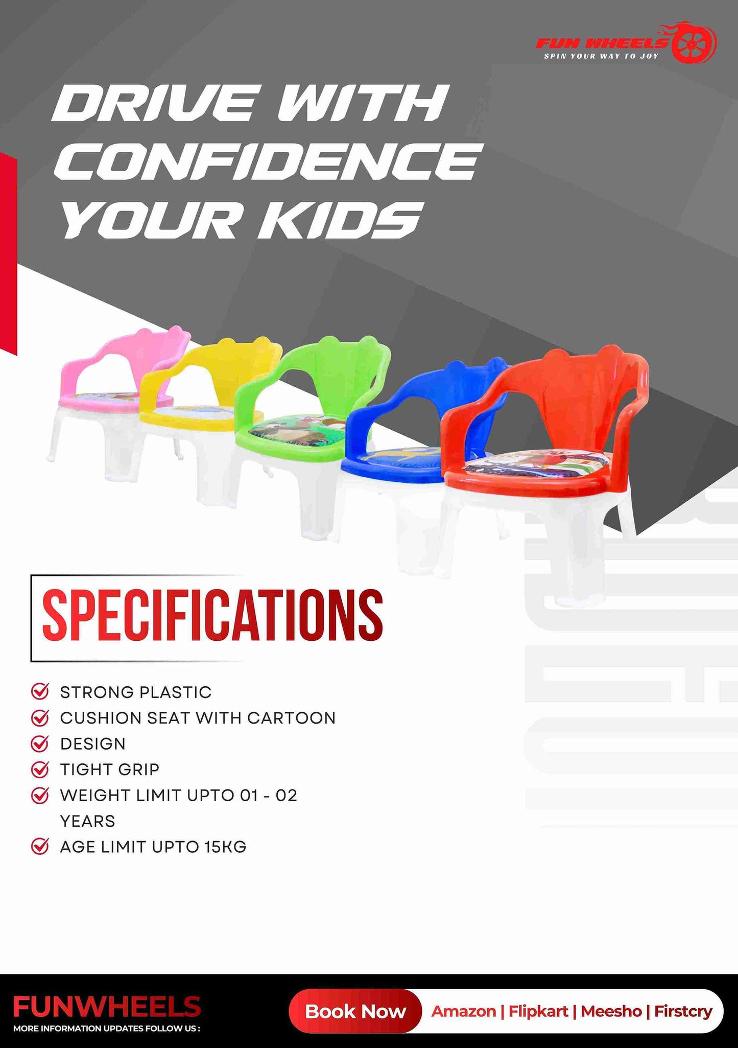 Fun Wheels FWCH-02 Baby Feeding Chair with Removable Tray | Kids Plastic Chair