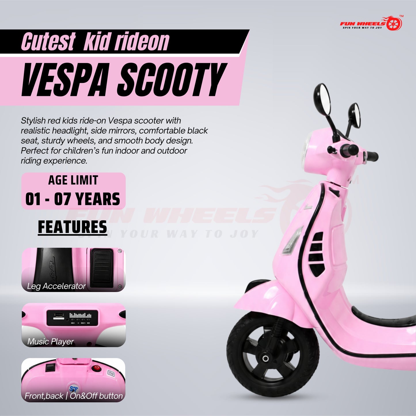 FWB-04 Kids Electric Ride On Vespa Scooter with Music Player, LED Headlight Bike
