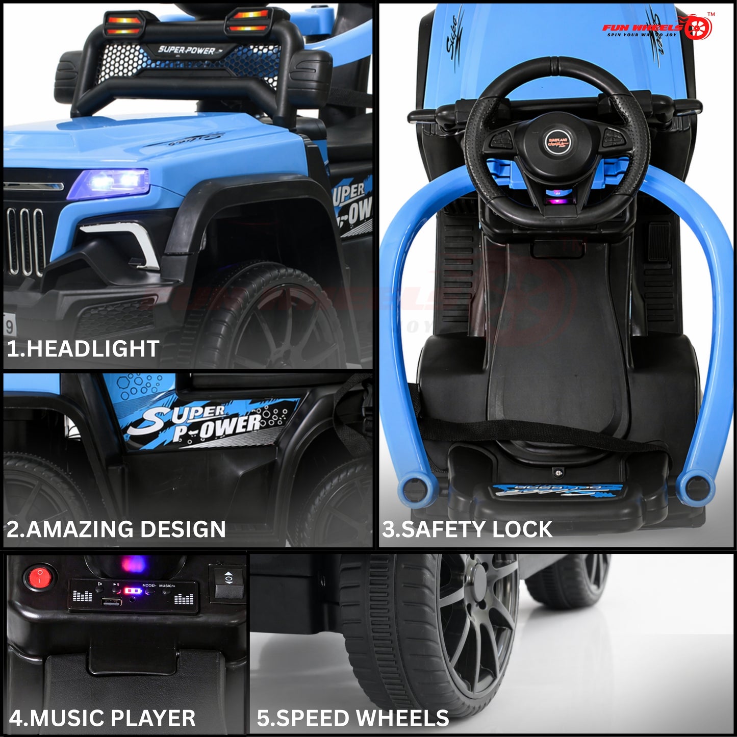 Fun Wheels FWJ-07 Kids Battery Operated Ride-On Jeep Car with LED Lights