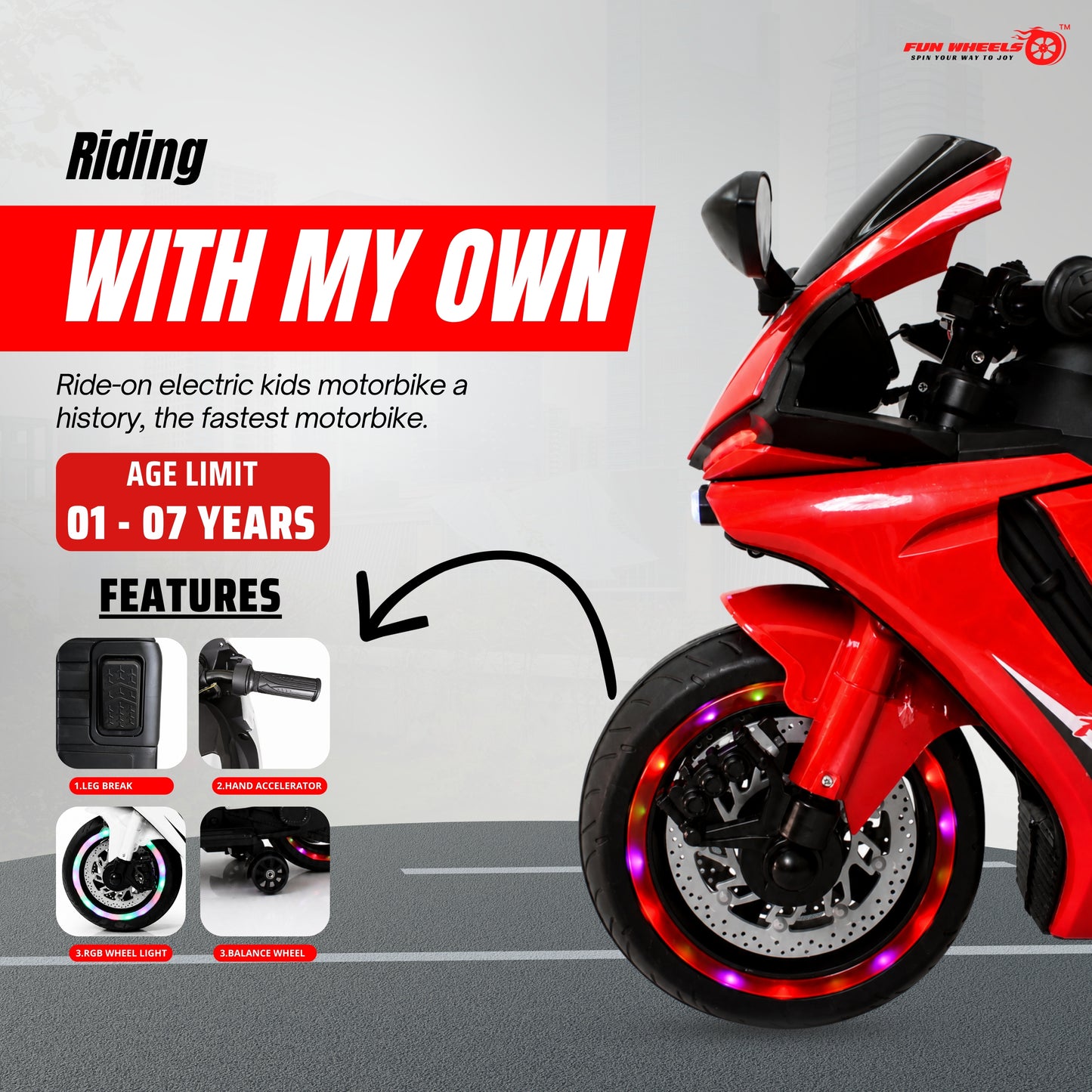 Fun Wheels FWB-03 NitroVolt Pro Kids Electric Ride-On Sports Bike with RGB Wheel Lights