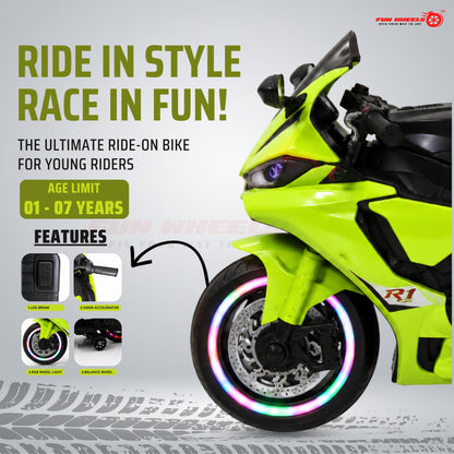FunWheels FWB-02 Kids Electric Ride-On Sports Bike with RGB Wheel Lights & LED Headlights | Rechargeable Battery Operated Bike with Training Wheels | for Boys & Girls (Neon Green)