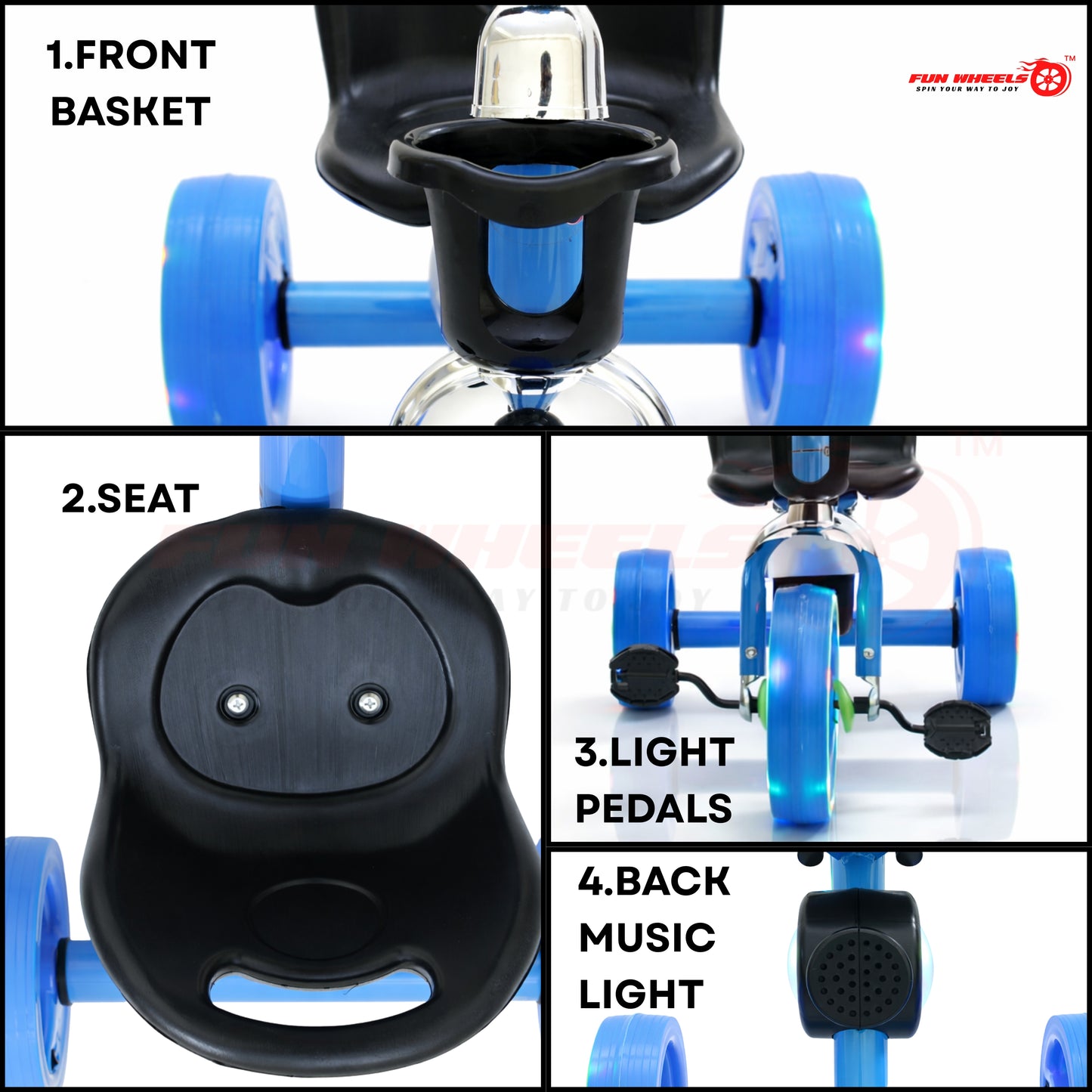 Funwheels GlowRide LED Wheel Tricycle with Light & Music | Baby Pedal Trike with Backrest FWTC-02 Tricycle