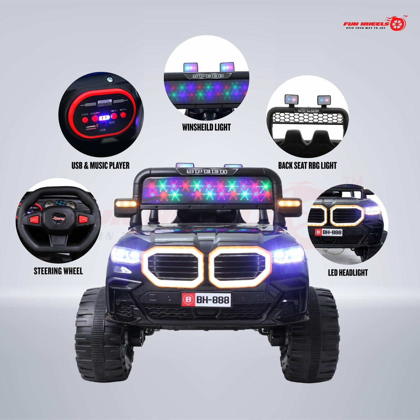 Fun Wheels FWJ-16 Kids Electric Ride On Jeep 4x4 with LED Lights & Music |Kids Battery Car Jeep