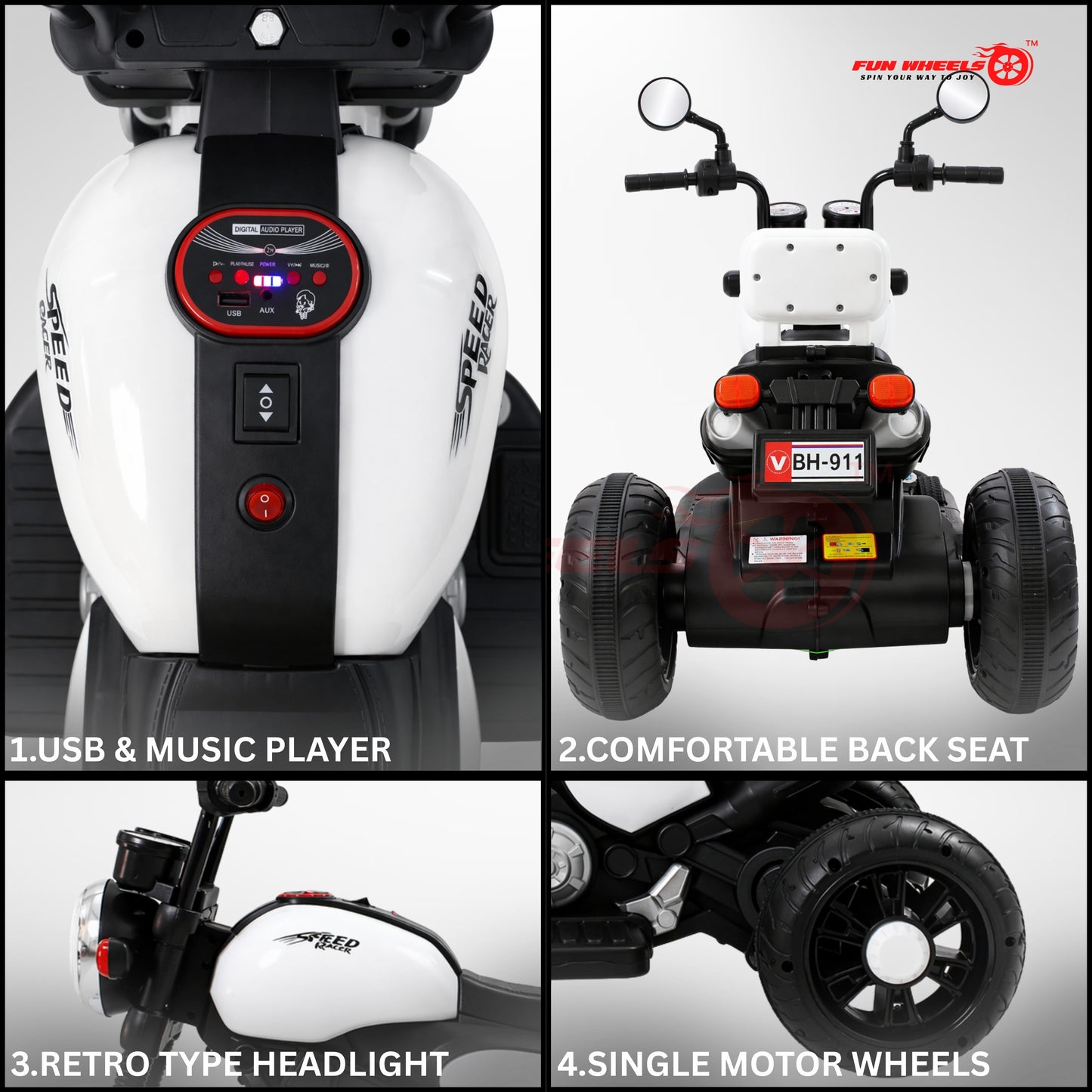 Fun Wheels FWB-01 ThunderMini Rider Kids Electric Bike with LED Headlight | Music & Sound Bike
