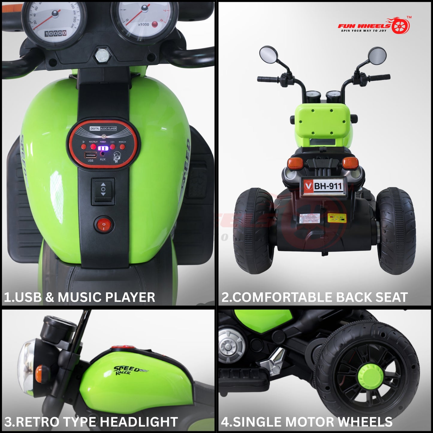 Fun Wheels FWB-01 ThunderMini Rider Kids Electric Bike with LED Headlight | Music & Sound Bike