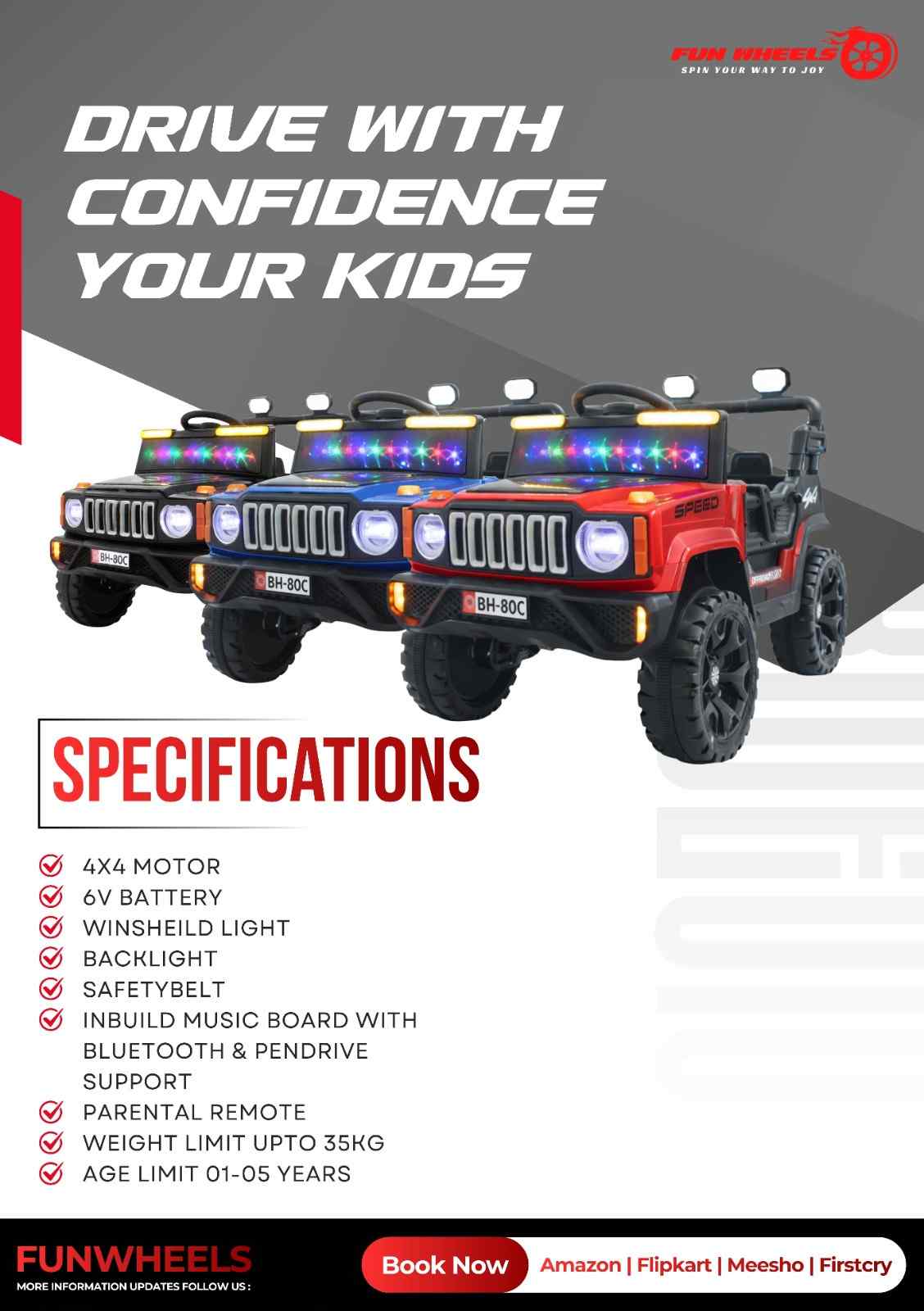 Fun Wheels FWJ-15 Kids Electric Ride On 4x4 | Battery Operated Car with LED Jeep