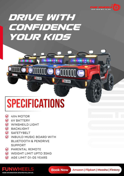 Fun Wheels FWJ-15 Kids Electric Ride On 4x4 | Battery Operated Car with LED Jeep
