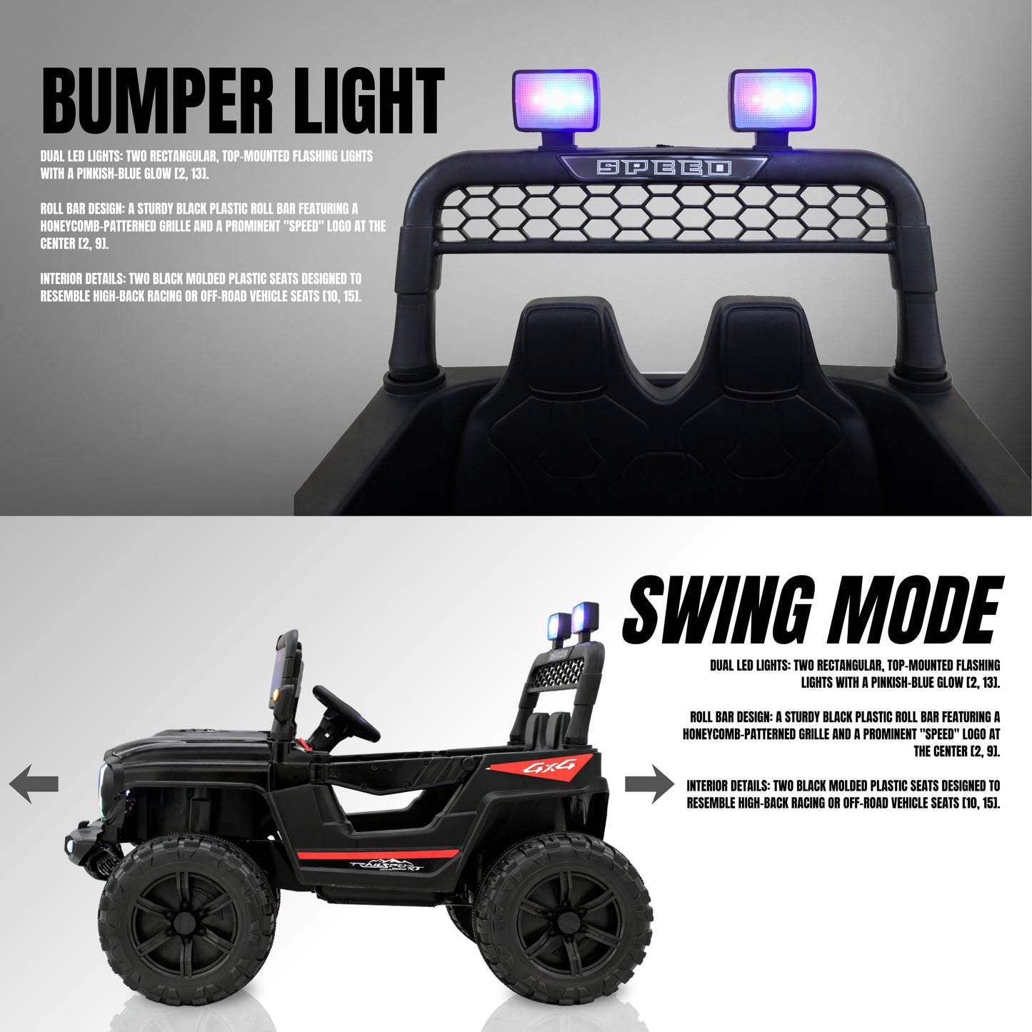 Fun Wheels FWJ-12 Battery Operated 4x4 Kids Jeep with RGB LED & Big Wheel Electric Jeep