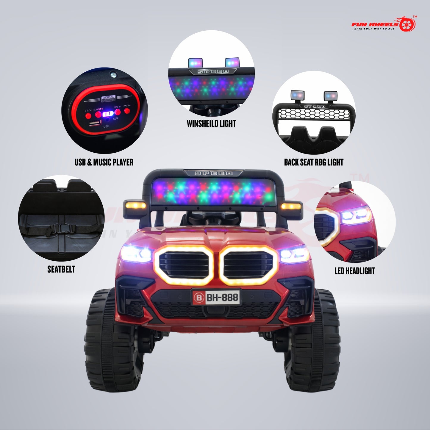 Fun Wheels FWJ-16 Kids Electric Ride On Jeep 4x4 with LED Lights & Music |Kids Battery Car Jeep