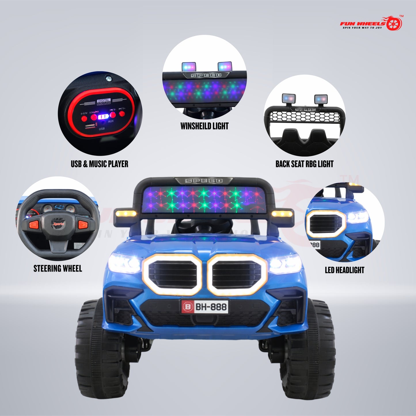 Fun Wheels FWJ-16 Kids Electric Ride On Jeep 4x4 with LED Lights & Music |Kids Battery Car Jeep