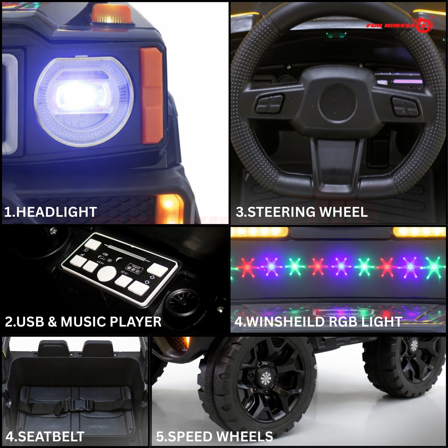 Fun Wheels FWJ-15 Kids Electric Ride On 4x4 | Battery Operated Car with LED Jeep