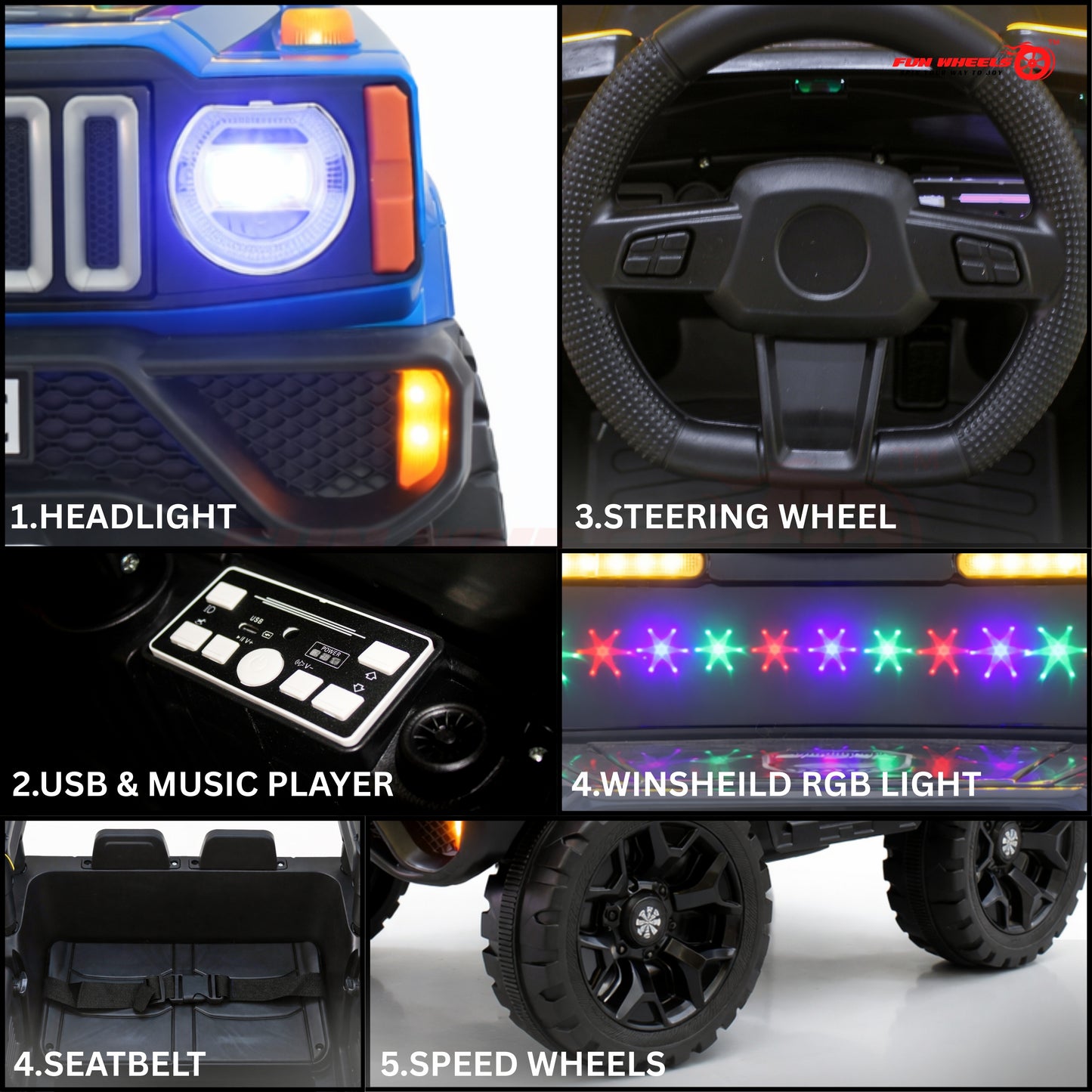Fun Wheels FWJ-15 Kids Electric Ride On 4x4 | Battery Operated Car with LED Jeep