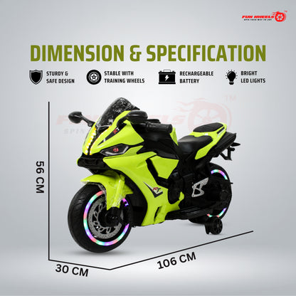 FunWheels FWB-02 Kids Electric Ride-On Sports Bike with RGB Wheel Lights & LED Headlights | Rechargeable Battery Operated Bike with Training Wheels | for Boys & Girls (Neon Green)