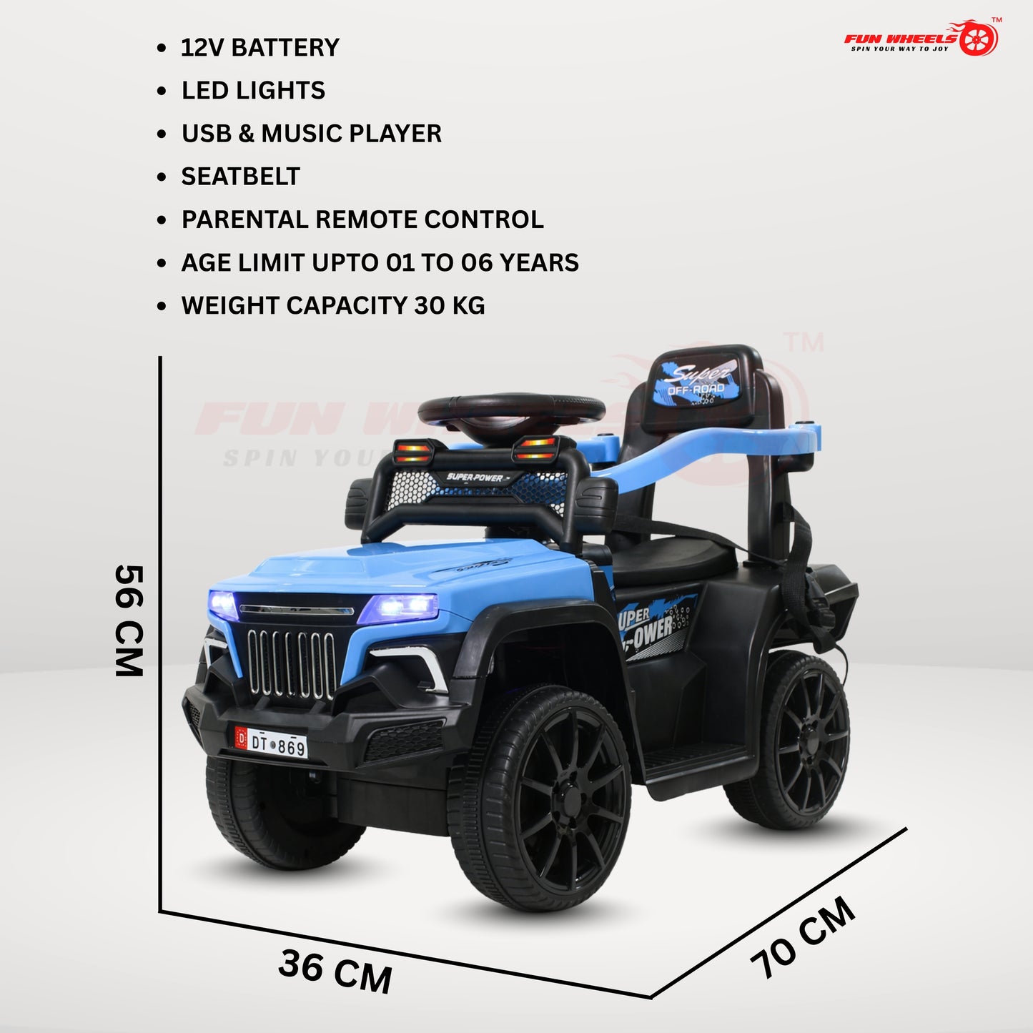 Fun Wheels FWJ-07 Kids Battery Operated Ride-On Jeep Car with LED Lights