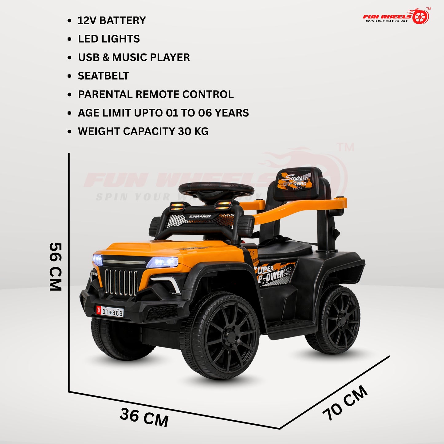 Fun Wheels FWJ-07 Kids Battery Operated Ride-On Jeep Car with LED Lights