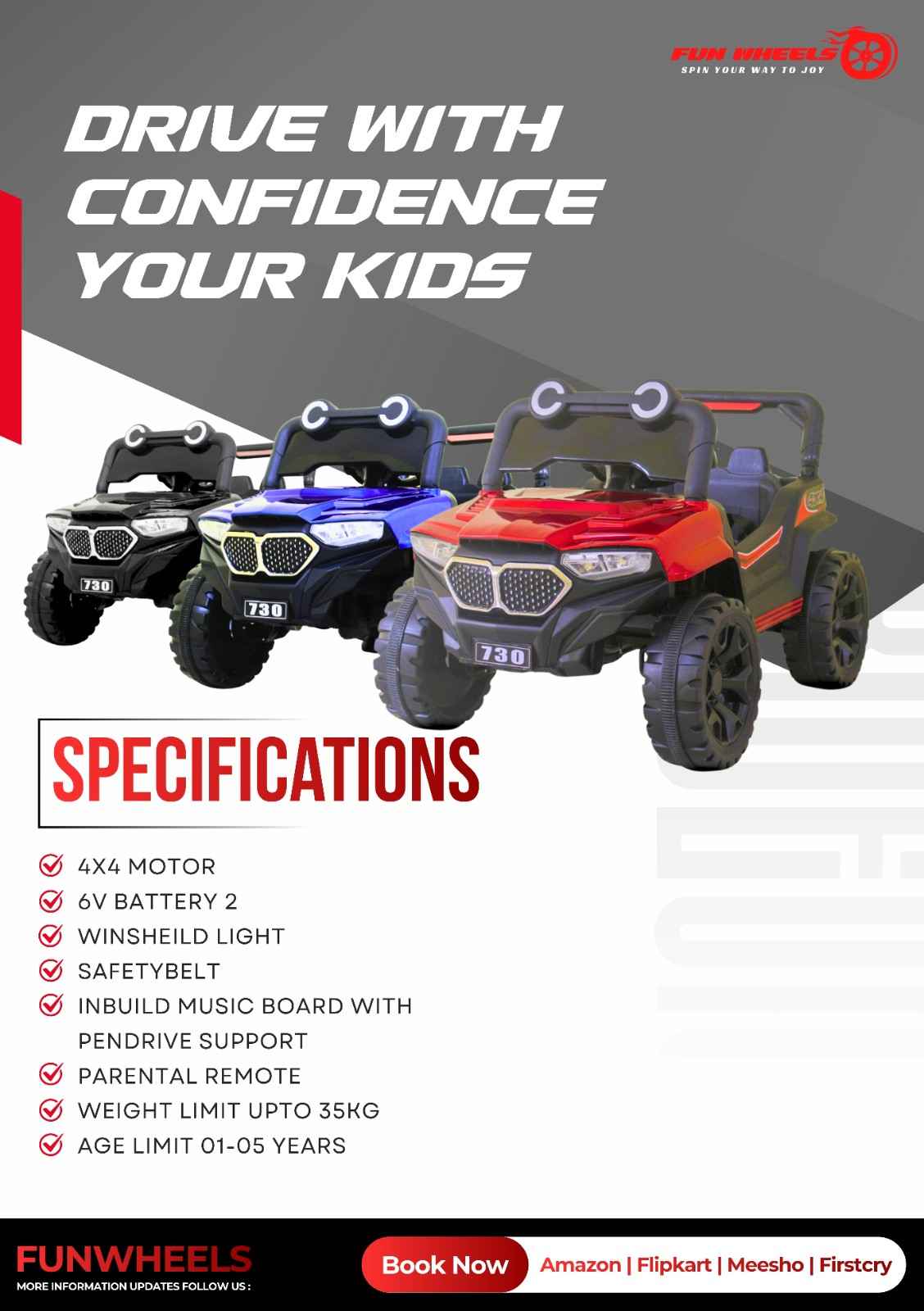 Fun Wheels FWJ-10 Kids Electric Ride-On Jeep with LED Lights, Music & Rechargeable Battery Jeep