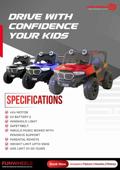 Fun Wheels FWJ-10 Kids Electric Ride-On Jeep with LED Lights, Music & Rechargeable Battery Jeep