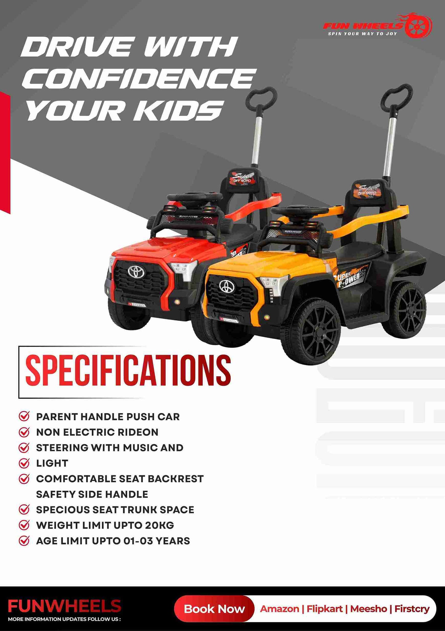 Fun Wheels FWPC-03 Kids Manual Ride On Push Car with Parent Handle, Music & Lights