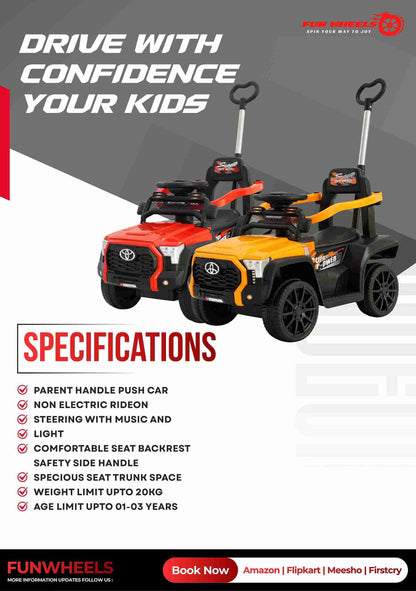 Fun Wheels FWPC-03 Kids Manual Ride On Push Car with Parent Handle, Music & Lights