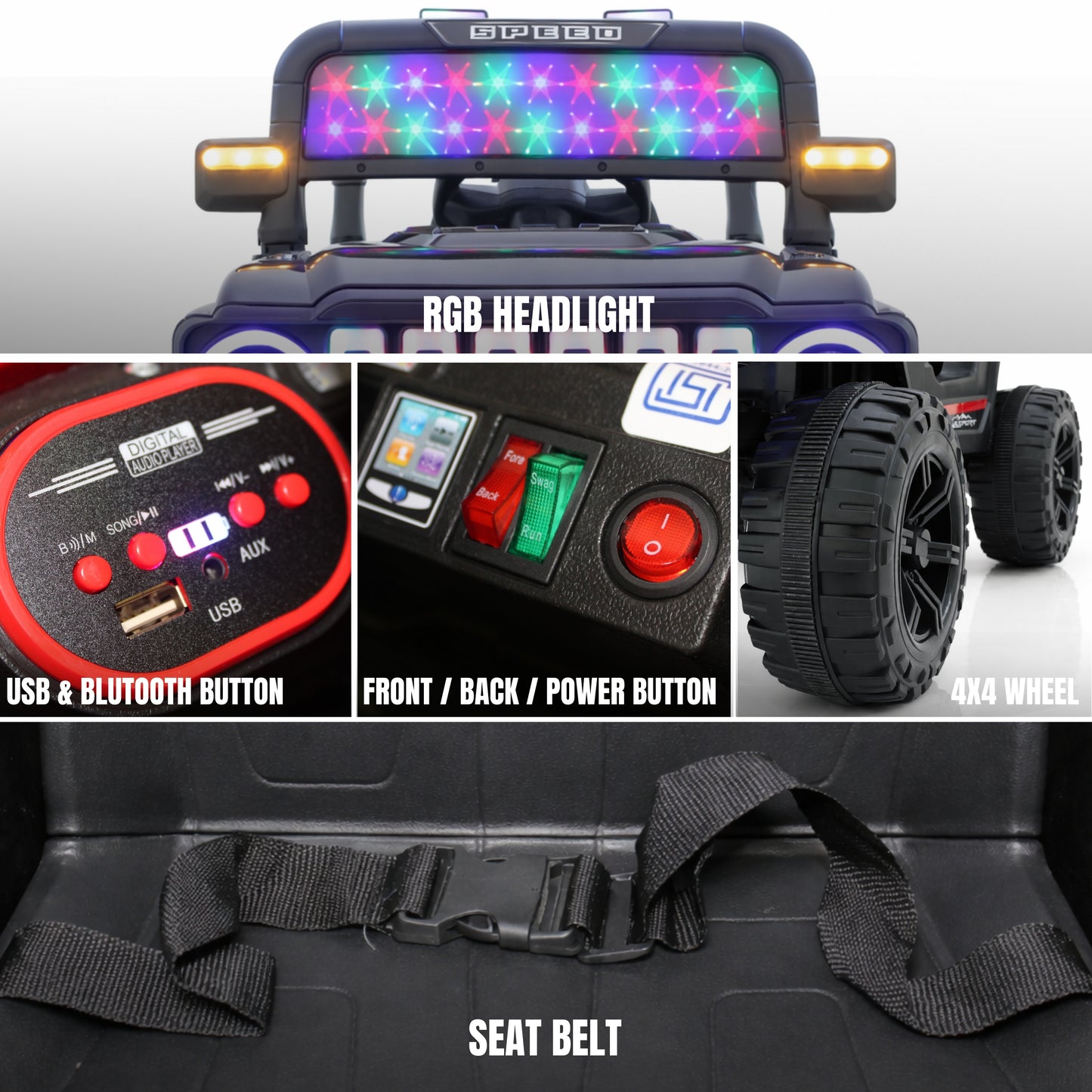 Fun Wheels FWJ-12 Battery Operated 4x4 Kids Jeep with RGB LED & Big Wheel Electric Jeep