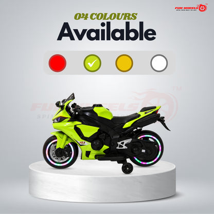 FunWheels FWB-02 Kids Electric Ride-On Sports Bike with RGB Wheel Lights & LED Headlights | Rechargeable Battery Operated Bike with Training Wheels | for Boys & Girls (Neon Green)