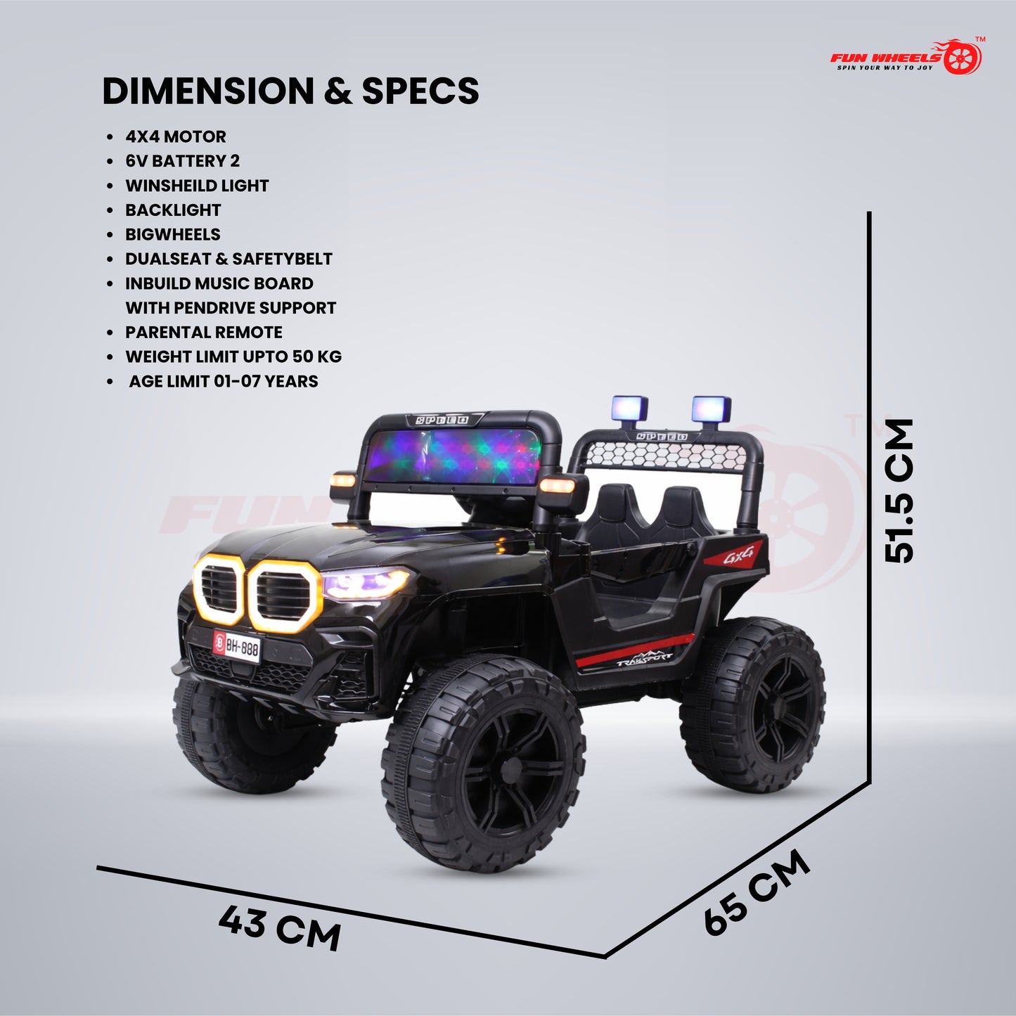 Fun Wheels FWJ-16 Kids Electric Ride On Jeep 4x4 with LED Lights & Music |Kids Battery Car Jeep