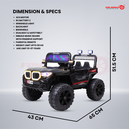 Fun Wheels FWJ-16 Kids Electric Ride On Jeep 4x4 with LED Lights & Music |Kids Battery Car Jeep