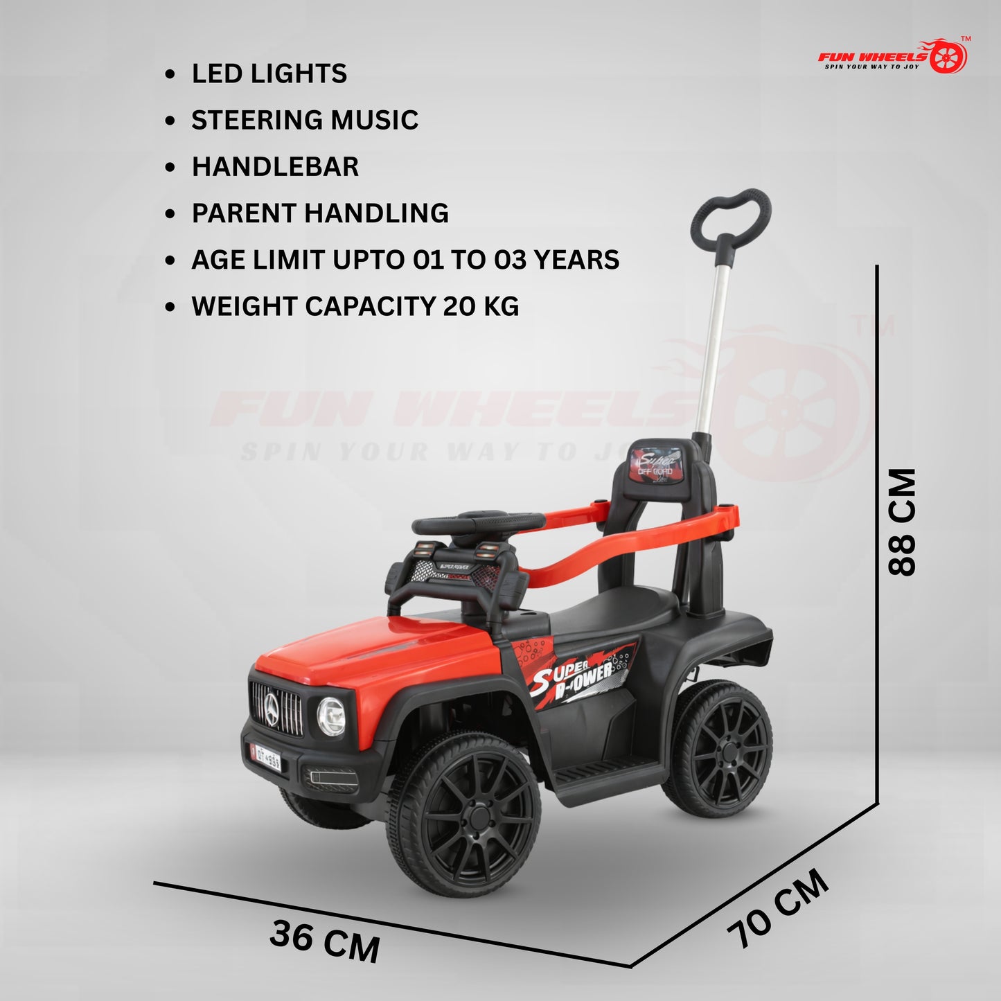 Fun Wheels FWPC-03 Kids Manual Ride On Push Car with Parent Handle, Music & Lights