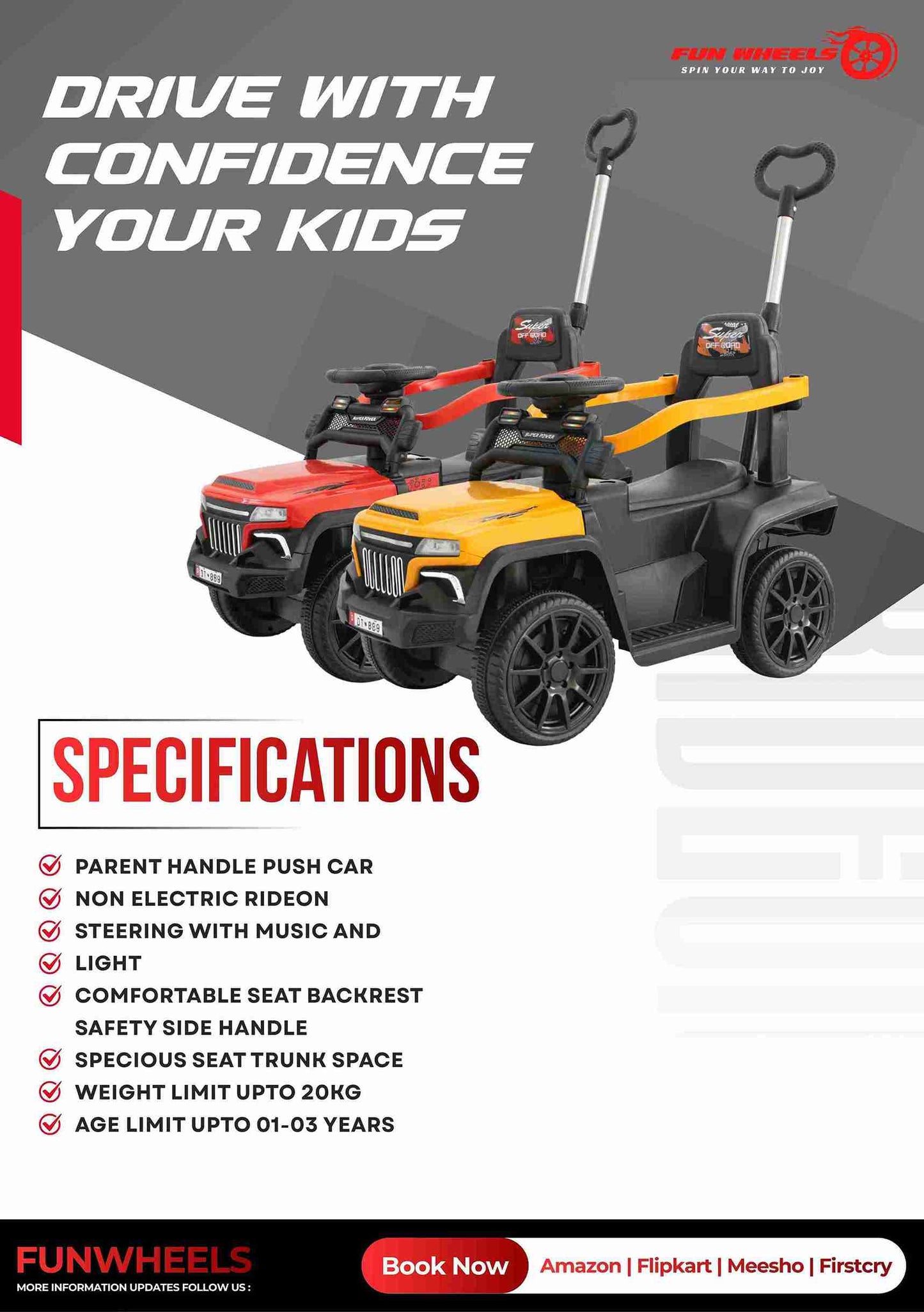 Fun Wheels FWPC-02 Kids Manual Ride On Push Car with Parent Handle, Music & LightsV