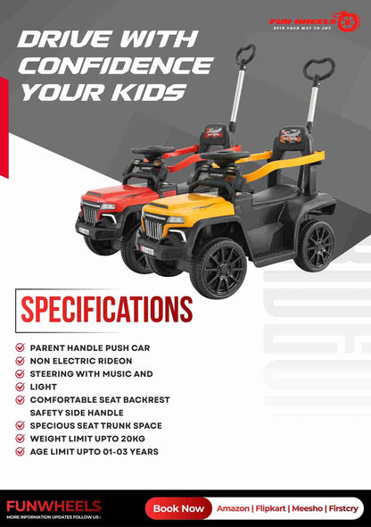Fun Wheels FWPC-02 Kids Manual Ride On Push Car with Parent Handle, Music & LightsV