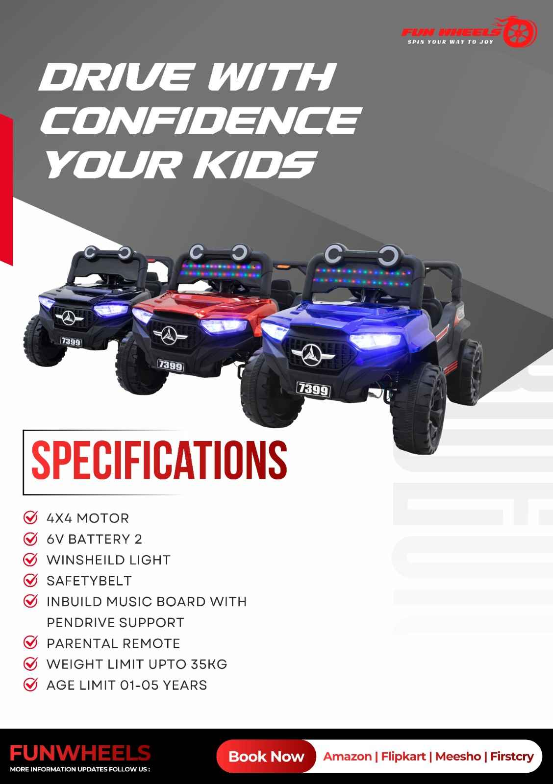 Fun Wheels Battery Operated 4x4 Kids Jeep with RGB Lights Model FWJ-14