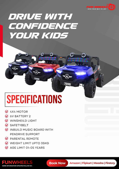 Fun Wheels Battery Operated 4x4 Kids Jeep with RGB Lights Model FWJ-14