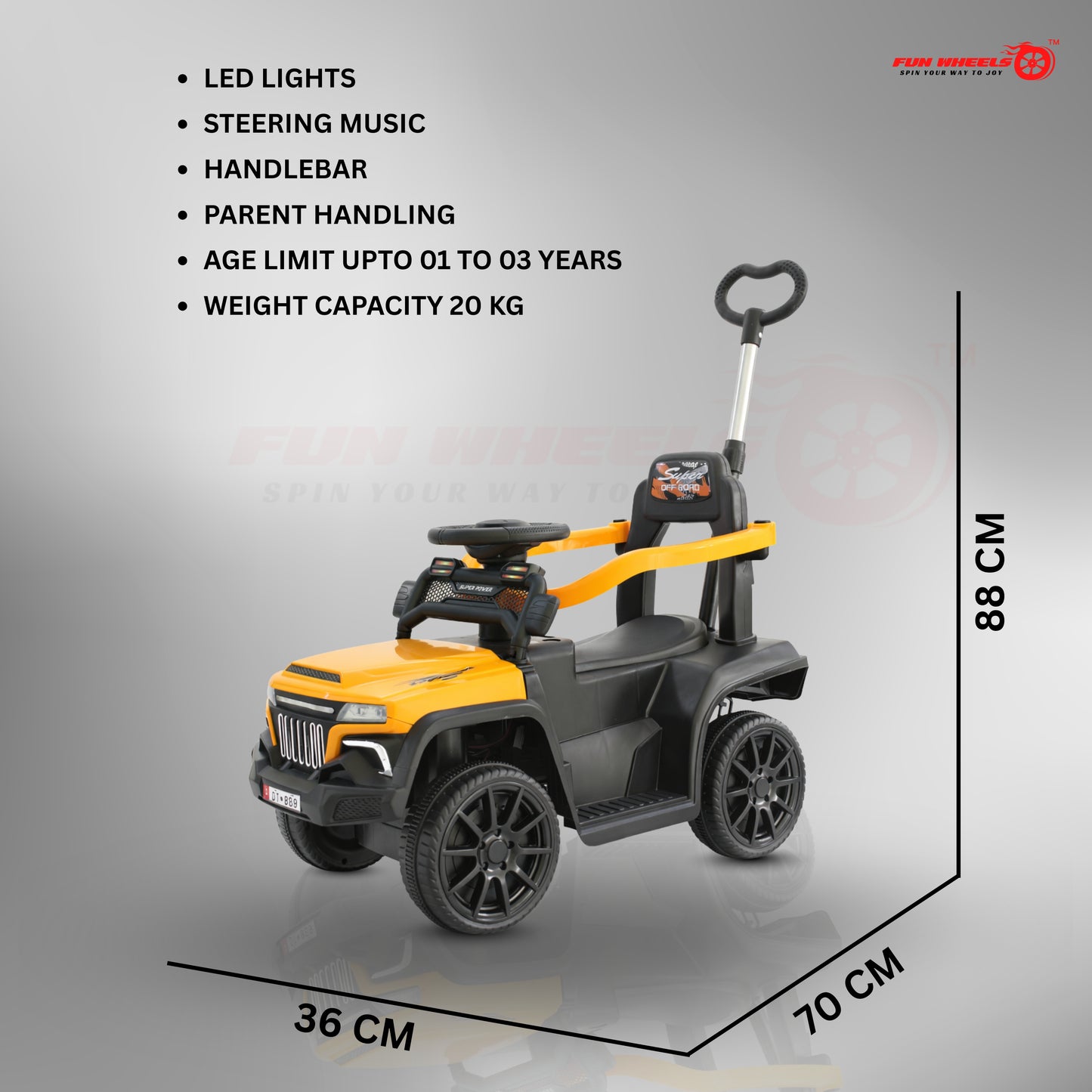 Fun Wheels FWPC-02 Kids Manual Ride On Push Car with Parent Handle, Music & LightsV