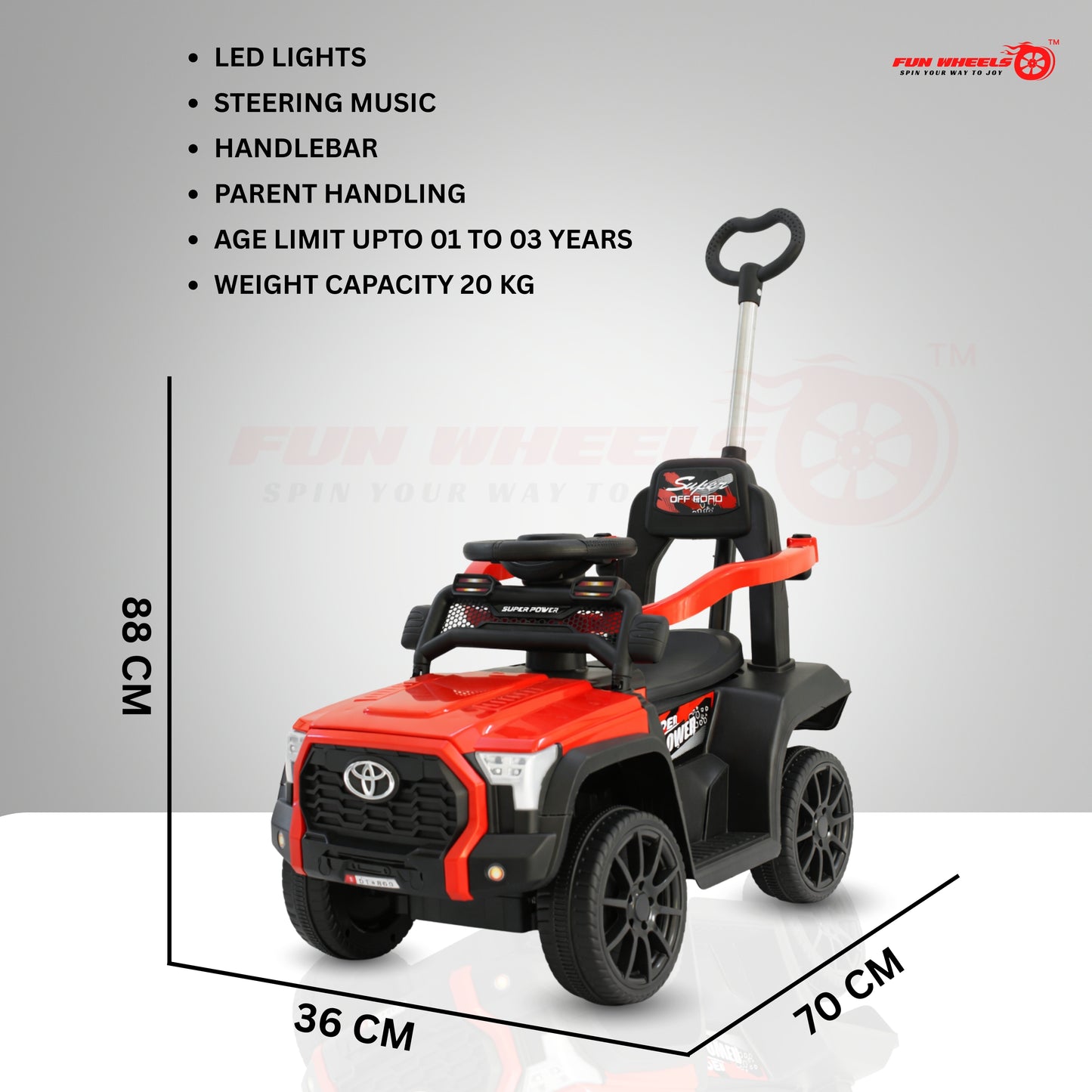 Fun Wheels FWPC-01 Kids Manual Ride On Push Car with Parent Handle, Music & Lights-Red