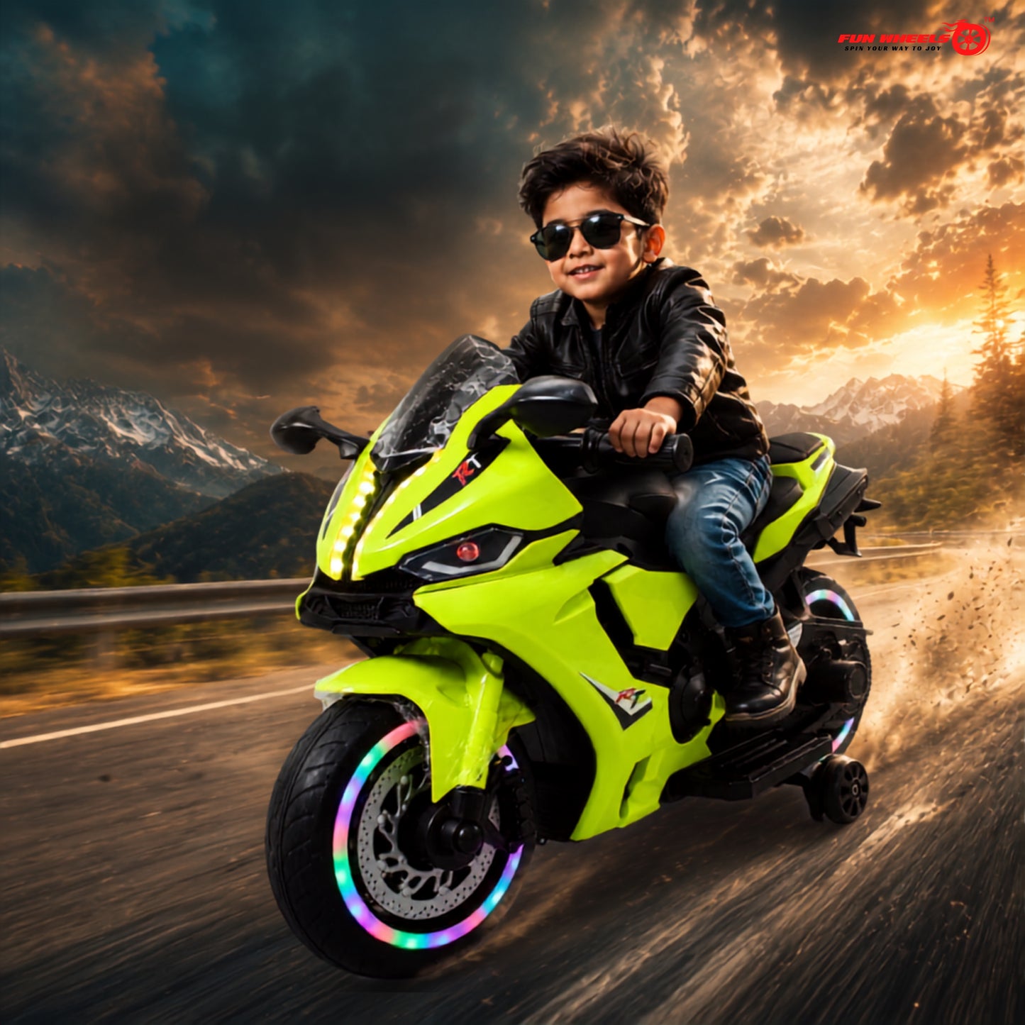 FunWheels FWB-02 Kids Electric Ride-On Sports Bike with RGB Wheel Lights & LED Headlights | Rechargeable Battery Operated Bike with Training Wheels | for Boys & Girls (Neon Green)
