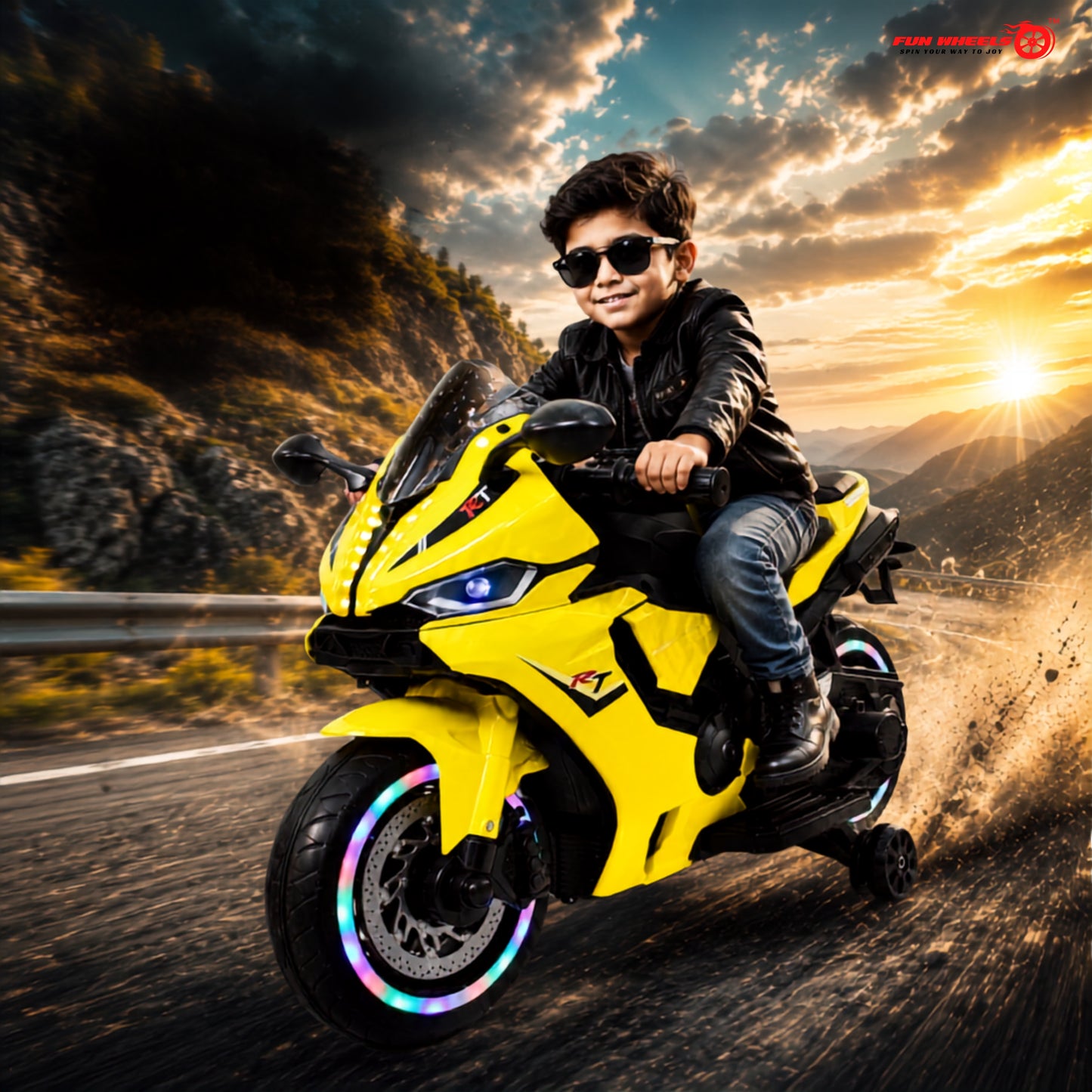 FunWheels FWB-02 Kids Electric Ride-On Sports Bike with RGB Wheel Lights & LED Headlights | Rechargeable Battery Operated Bike with Training Wheels | for Boys & Girls (Neon Green)