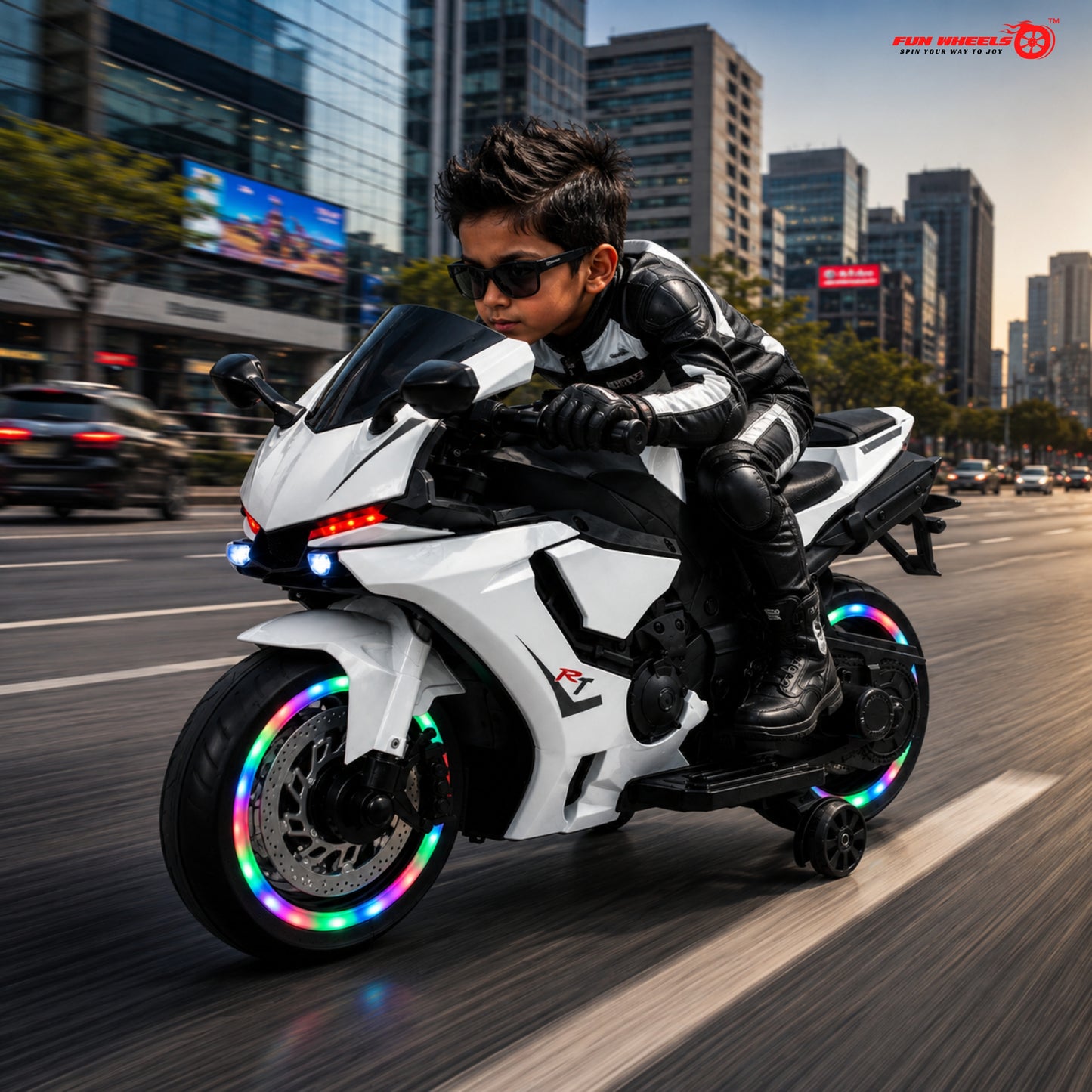 Fun Wheels FWB-03 NitroVolt Pro Kids Electric Ride-On Sports Bike with RGB Wheel Lights
