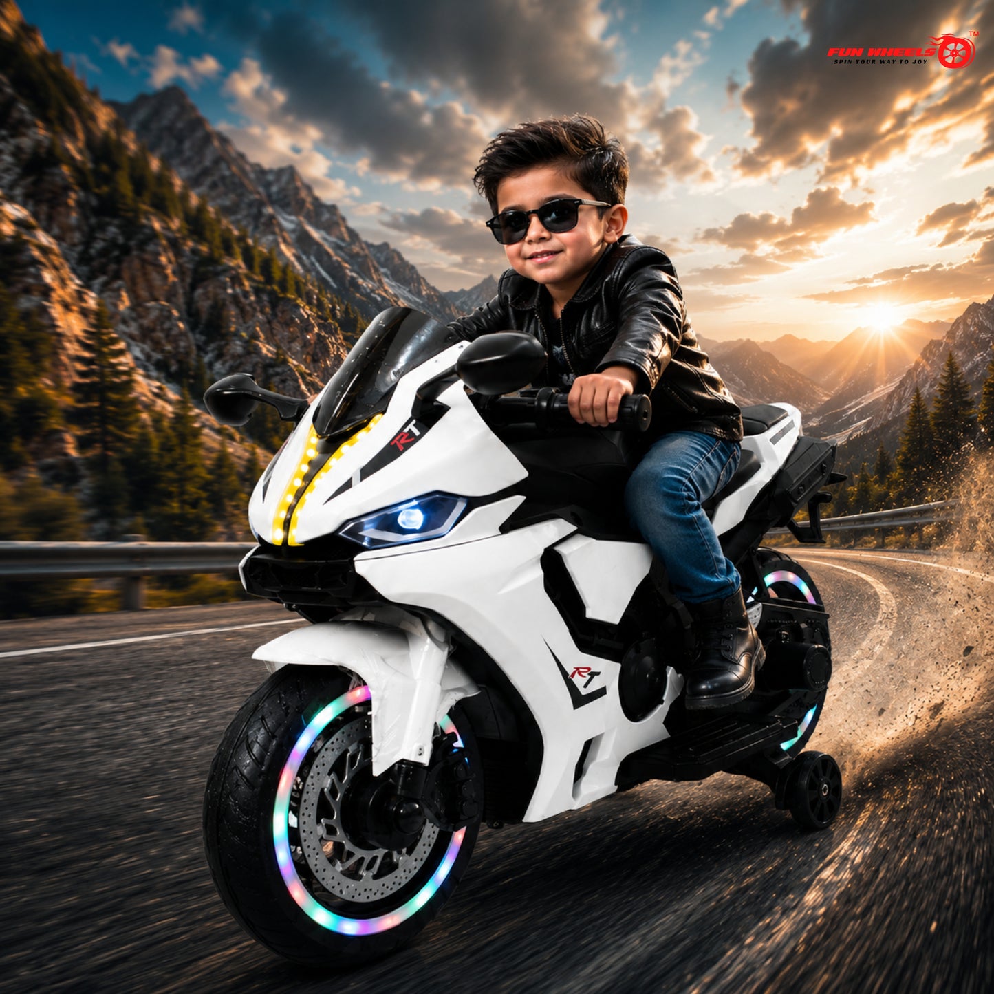 FunWheels FWB-02 Kids Electric Ride-On Sports Bike with RGB Wheel Lights & LED Headlights | Rechargeable Battery Operated Bike with Training Wheels | for Boys & Girls (Neon Green)